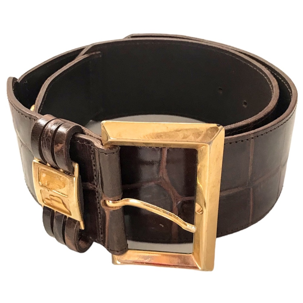 Línea Pelle Belt Italian Croc Embossed Brown Leather Gold Embellished Hardware M